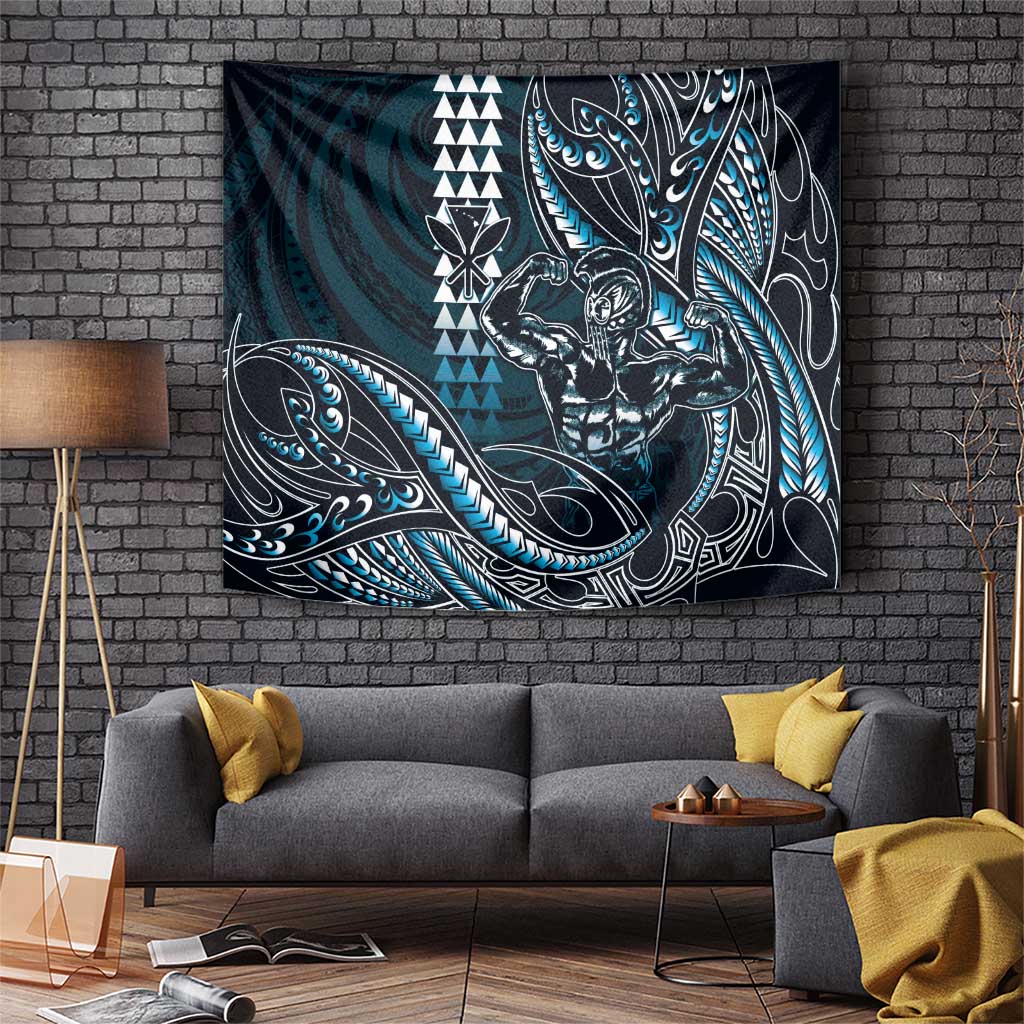 Hawaii Ikaika Warrior Helmet Tapestry Blue Tribal Tattoo LT05 Blue - Polynesian Pride