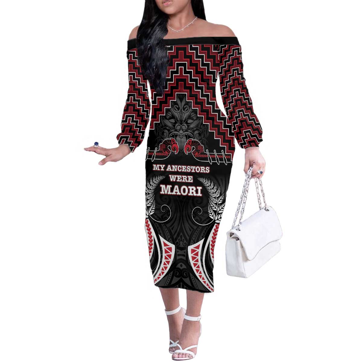 Aotearoa Family Matching Off The Shoulder Long Sleeve Dress and Hawaiian Shirt Proud To Be Maori LT05 Mom's Dress Red - Polynesian Pride