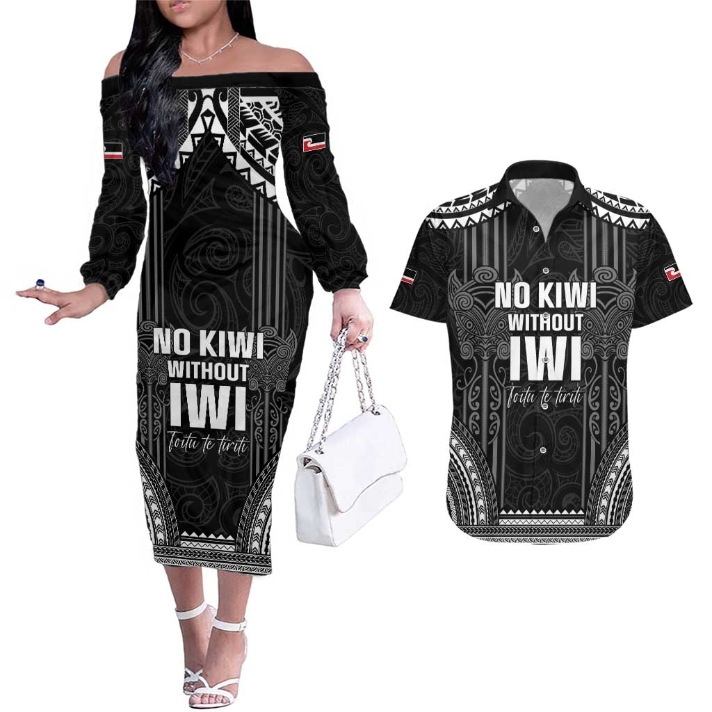Aotearoa Toitu Te Tiriti Couples Matching Off The Shoulder Long Sleeve Dress and Hawaiian Shirt No Kiwi Without Iwi LT05 Black - Polynesian Pride