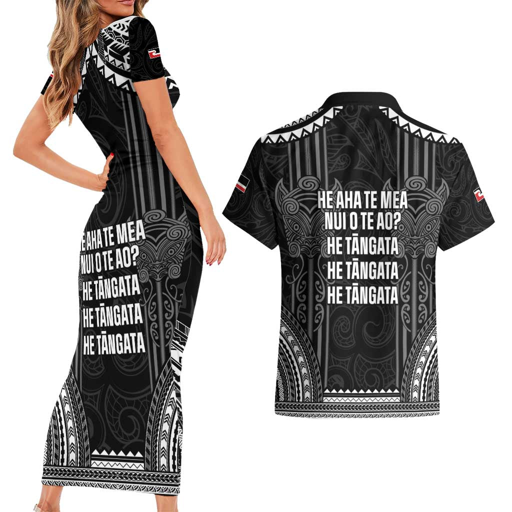 Aotearoa Toitu Te Tiriti Couples Matching Short Sleeve Bodycon Dress and Hawaiian Shirt No Kiwi Without Iwi LT05 - Polynesian Pride