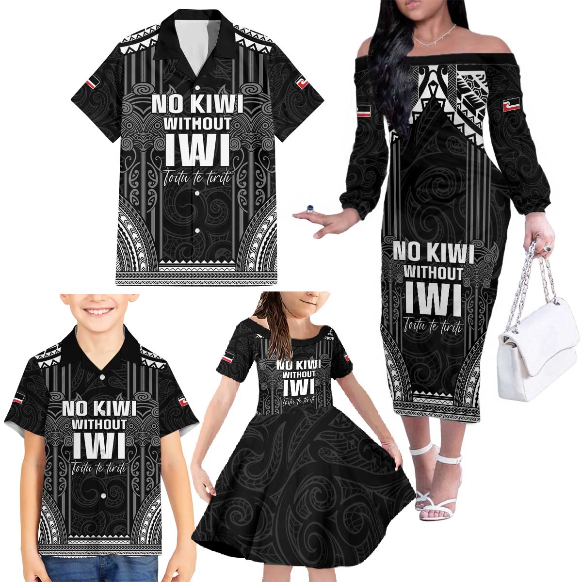 Aotearoa Toitu Te Tiriti Family Matching Off The Shoulder Long Sleeve Dress and Hawaiian Shirt No Kiwi Without Iwi LT05 - Polynesian Pride