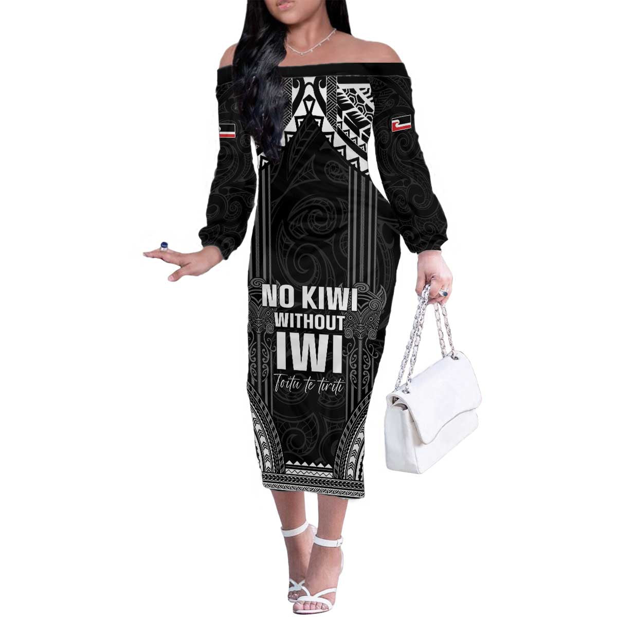 Aotearoa Toitu Te Tiriti Family Matching Off The Shoulder Long Sleeve Dress and Hawaiian Shirt No Kiwi Without Iwi LT05 Mom's Dress Black - Polynesian Pride