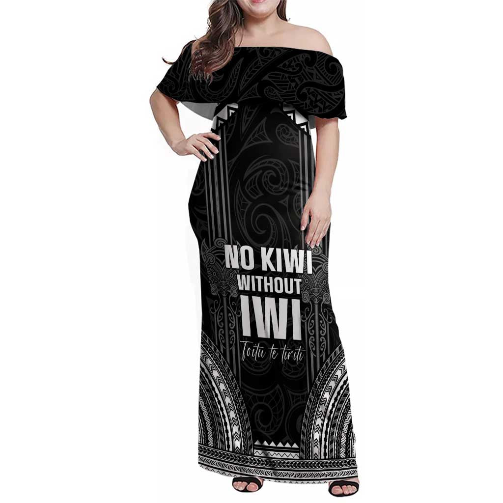 Aotearoa Toitu Te Tiriti Family Matching Off Shoulder Maxi Dress and Hawaiian Shirt No Kiwi Without Iwi LT05 Mom's Dress Black - Polynesian Pride