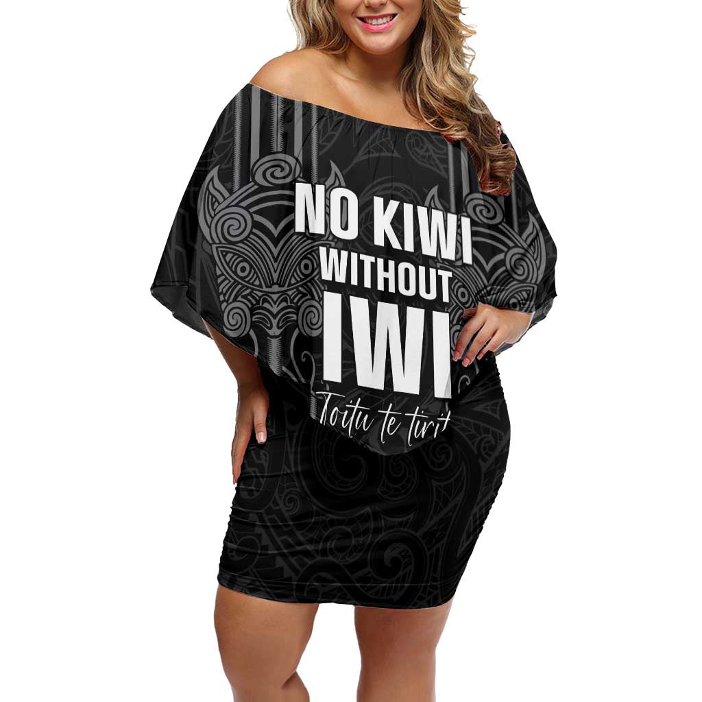 Aotearoa Toitu Te Tiriti Family Matching Off Shoulder Short Dress and Hawaiian Shirt No Kiwi Without Iwi LT05 Mom's Dress Black - Polynesian Pride