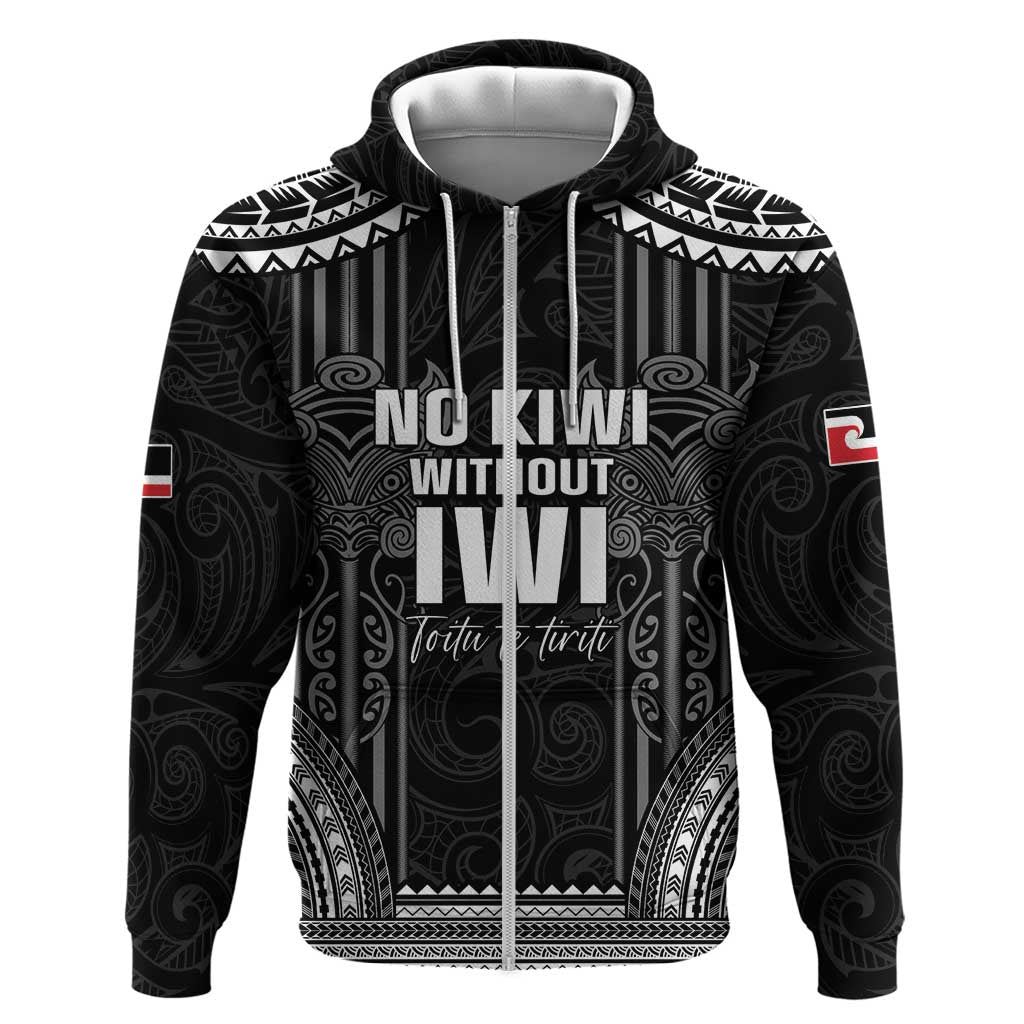 Aotearoa Toitu Te Tiriti Hoodie No Kiwi Without Iwi LT05 Zip Hoodie Black - Polynesian Pride