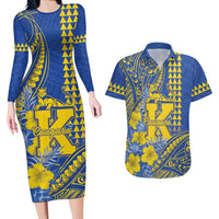 Personalised Hawaii Kaiser High School Couples Matching Long Sleeve Bodycon Dress and Hawaiian Shirt Tribal Tattoo With Hibiscus Flowers LT05 Blue - Polynesian Pride