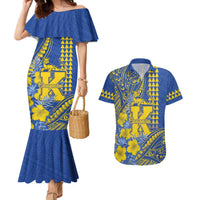 Personalised Hawaii Kaiser High School Couples Matching Mermaid Dress and Hawaiian Shirt Tribal Tattoo With Hibiscus Flowers LT05 Blue - Polynesian Pride