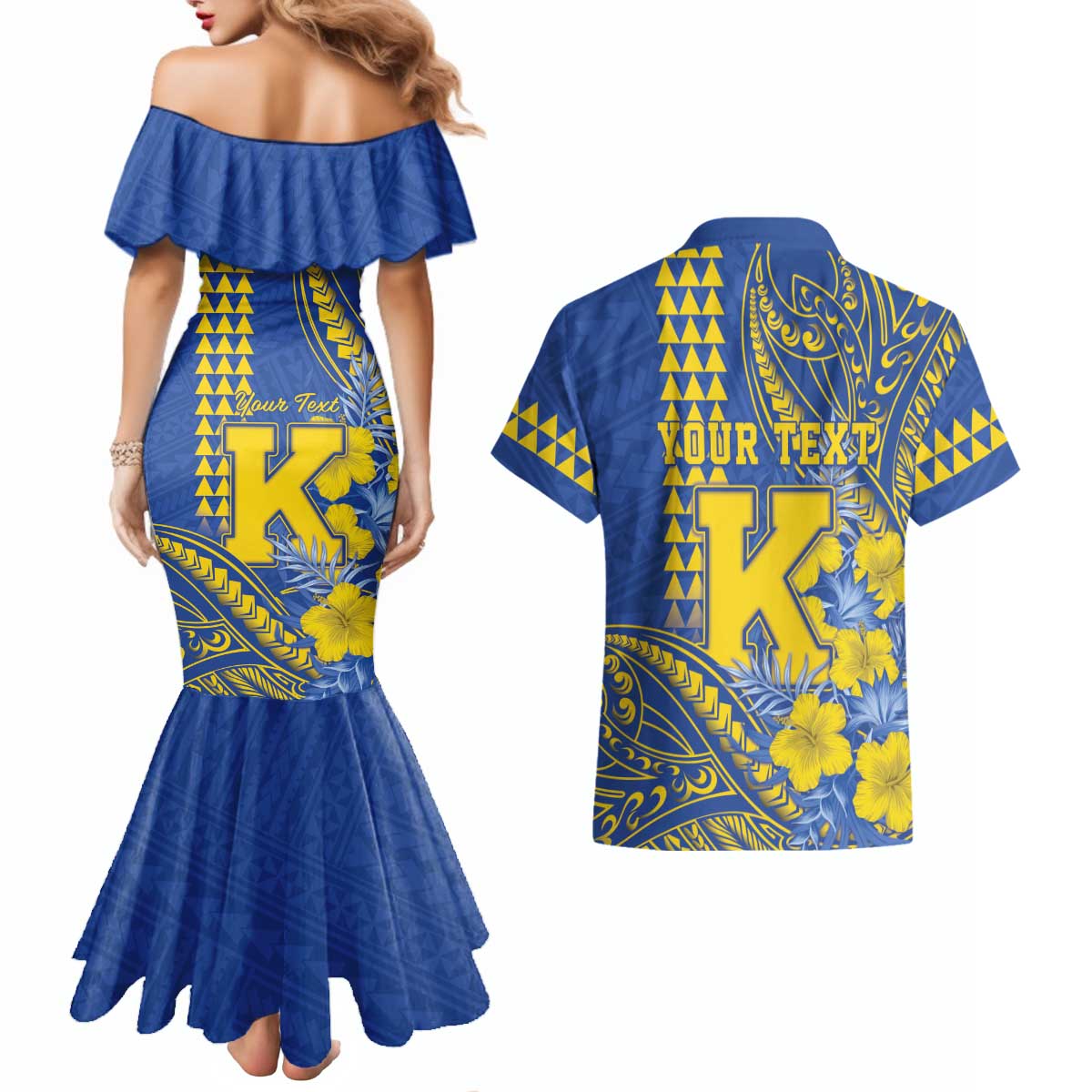 Personalised Hawaii Kaiser High School Couples Matching Mermaid Dress and Hawaiian Shirt Tribal Tattoo With Hibiscus Flowers LT05 - Polynesian Pride