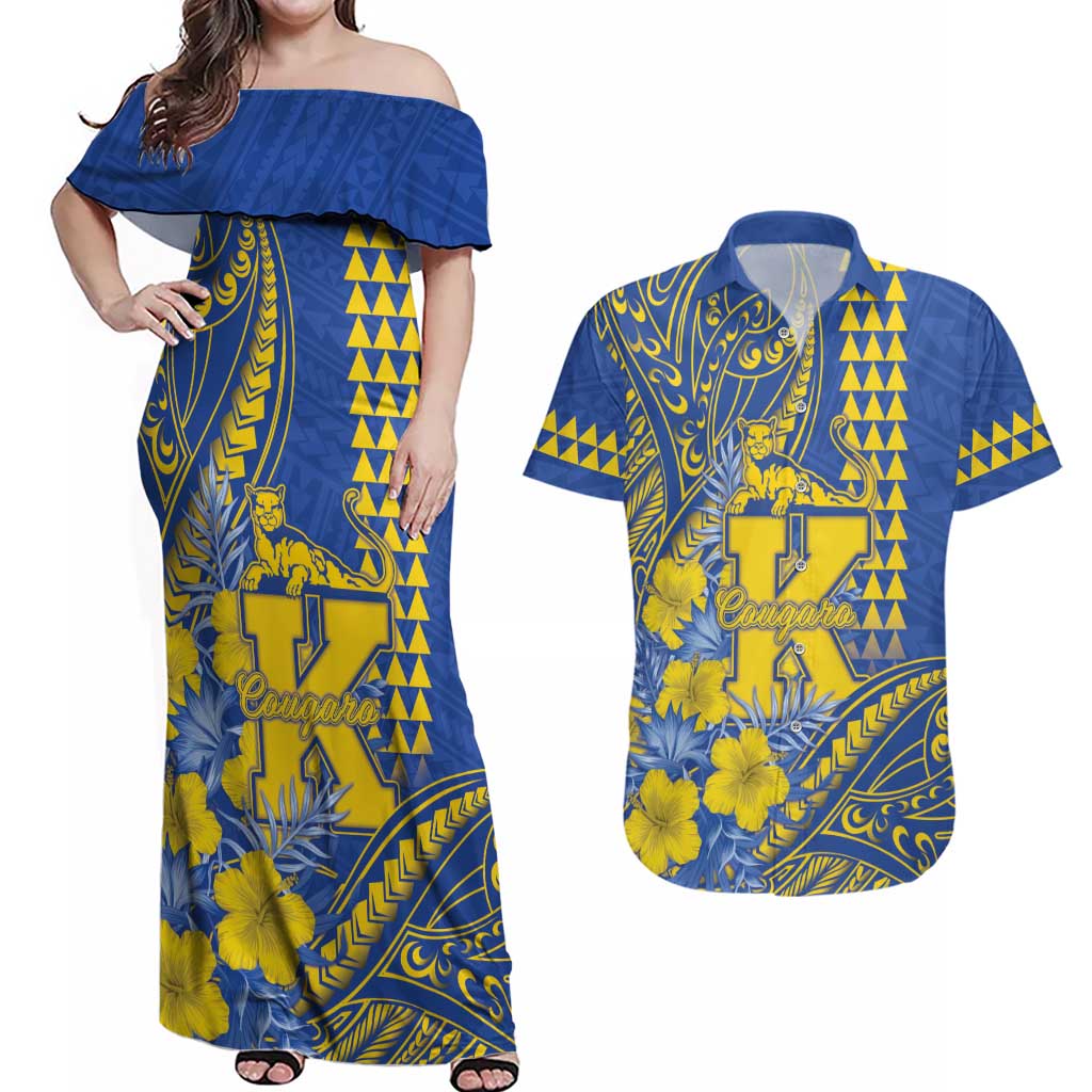 Personalised Hawaii Kaiser High School Couples Matching Off Shoulder Maxi Dress and Hawaiian Shirt Tribal Tattoo With Hibiscus Flowers LT05 Blue - Polynesian Pride
