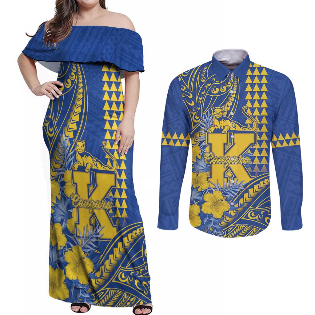 Personalised Hawaii Kaiser High School Couples Matching Off Shoulder Maxi Dress and Long Sleeve Button Shirt Tribal Tattoo With Hibiscus Flowers