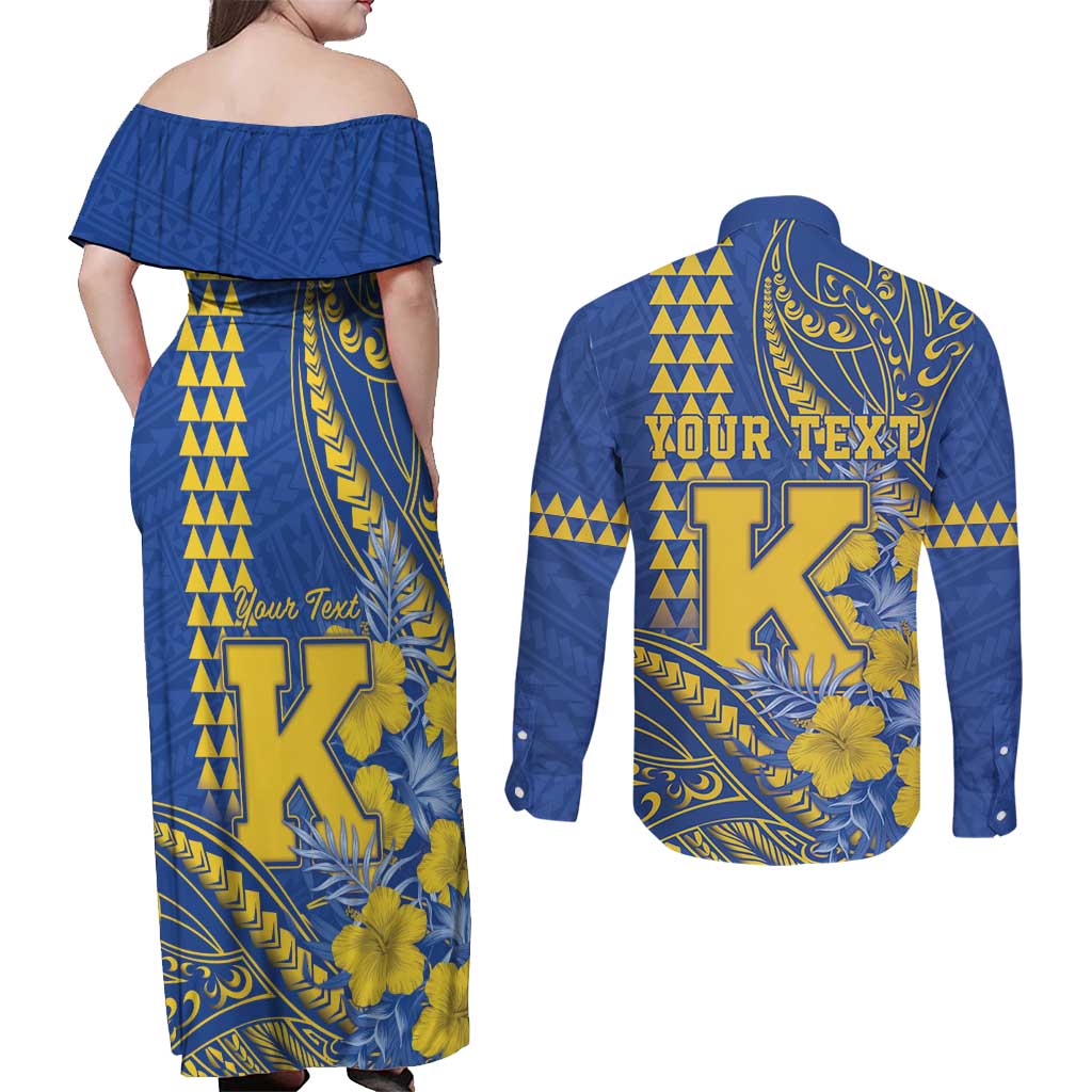 Personalised Hawaii Kaiser High School Couples Matching Off Shoulder Maxi Dress and Long Sleeve Button Shirt Tribal Tattoo With Hibiscus Flowers