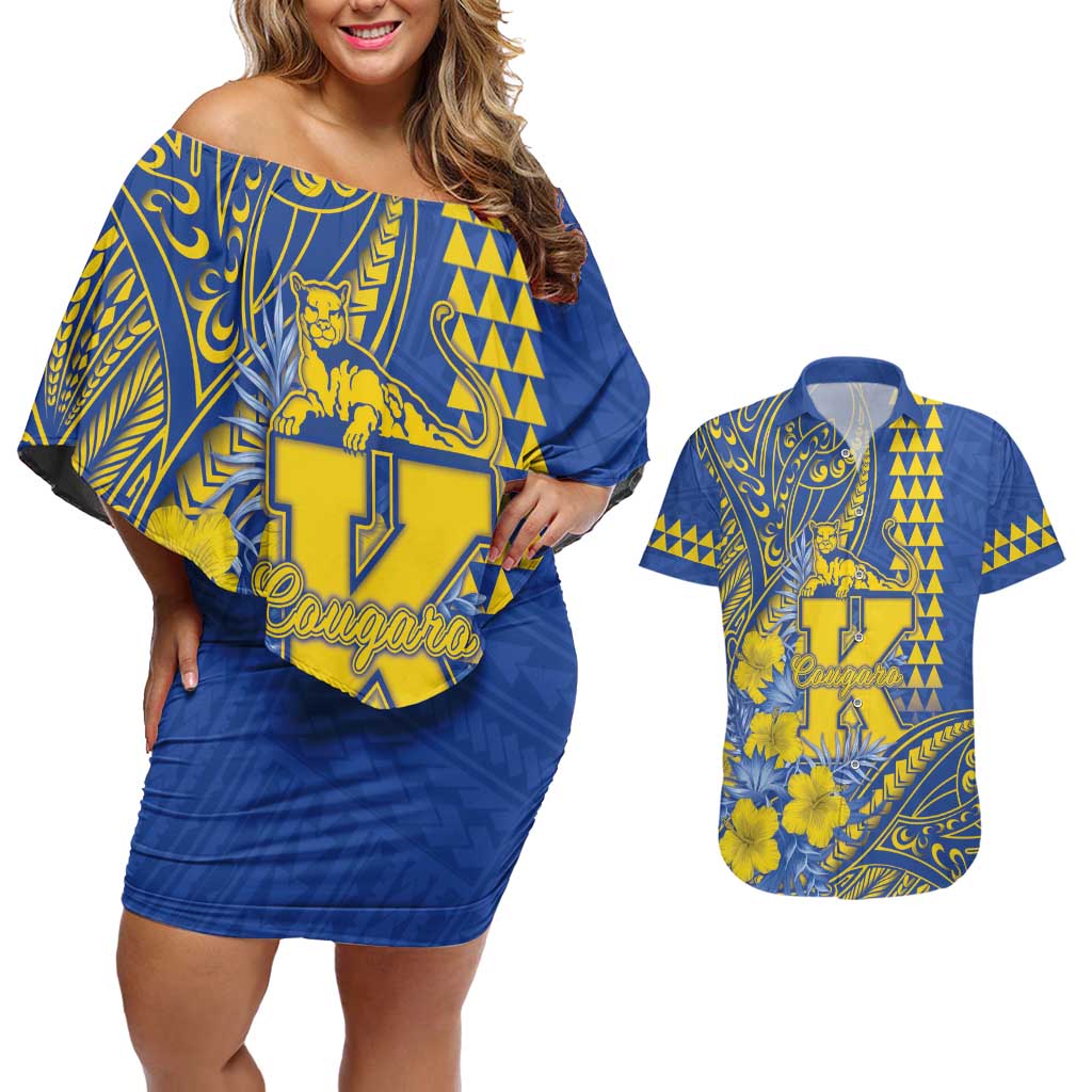 Personalised Hawaii Kaiser High School Couples Matching Off Shoulder Short Dress and Hawaiian Shirt Tribal Tattoo With Hibiscus Flowers LT05 Blue - Polynesian Pride