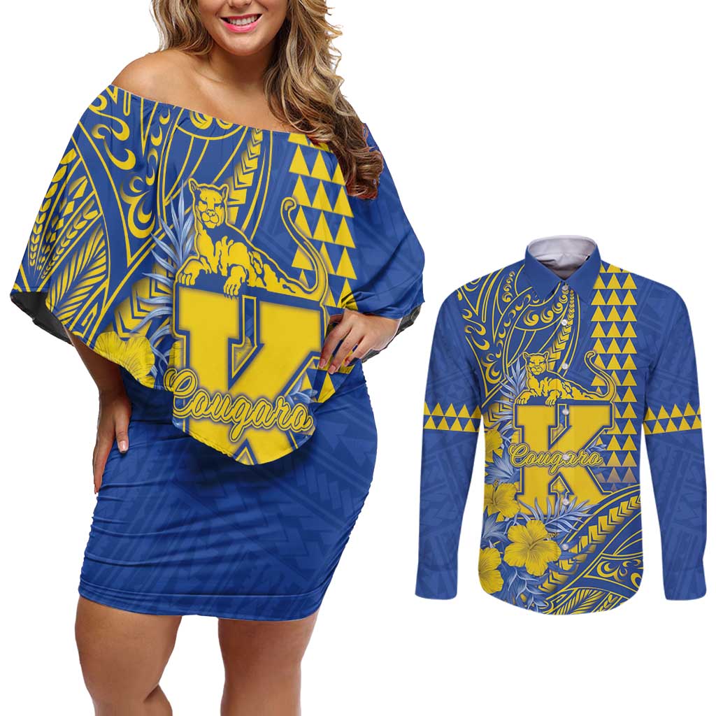 Personalised Hawaii Kaiser High School Couples Matching Off Shoulder Short Dress and Long Sleeve Button Shirt Tribal Tattoo With Hibiscus Flowers