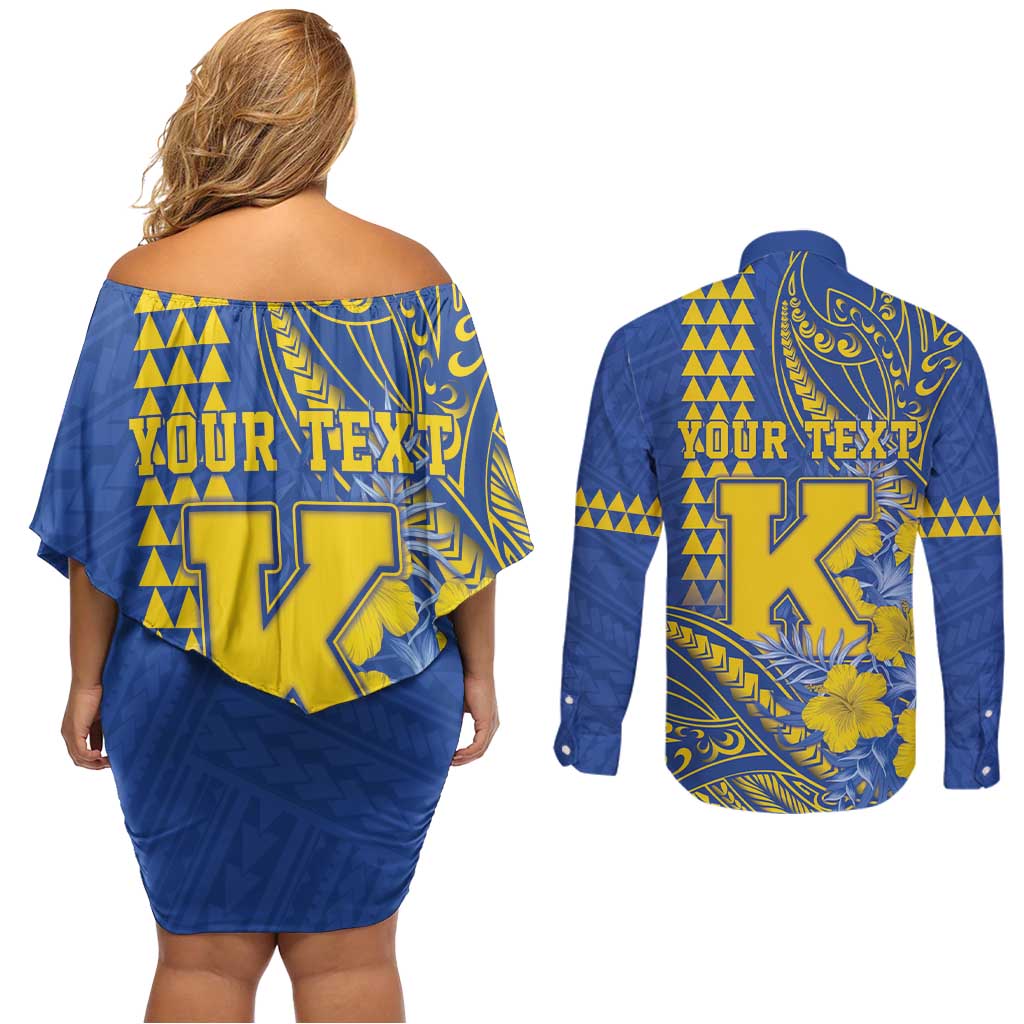 Personalised Hawaii Kaiser High School Couples Matching Off Shoulder Short Dress and Long Sleeve Button Shirt Tribal Tattoo With Hibiscus Flowers