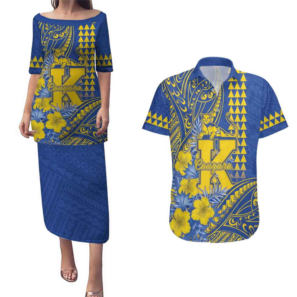 Personalised Hawaii Kaiser High School Couples Matching Puletasi and Hawaiian Shirt Tribal Tattoo With Hibiscus Flowers