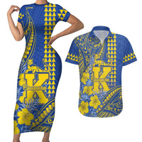 Personalised Hawaii Kaiser High School Couples Matching Short Sleeve Bodycon Dress and Hawaiian Shirt Tribal Tattoo With Hibiscus Flowers LT05 Blue - Polynesian Pride