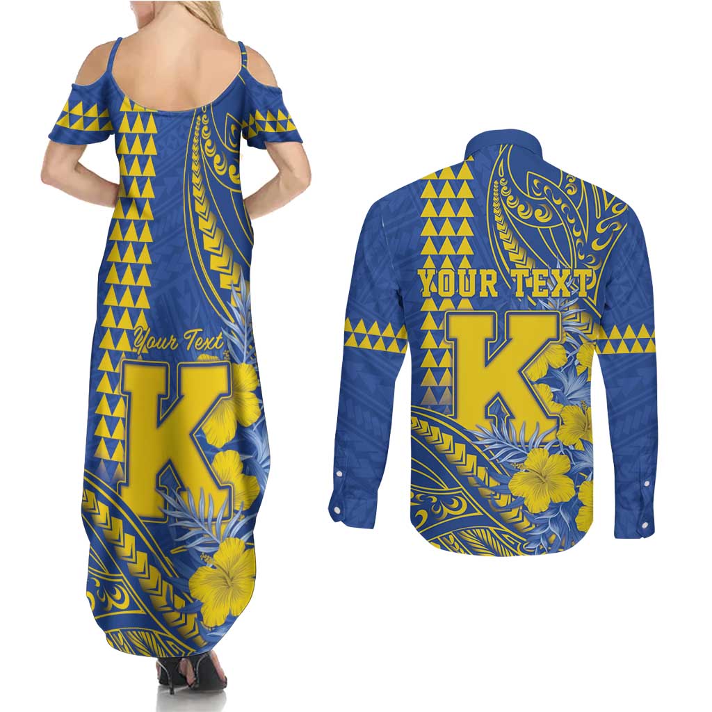 Personalised Hawaii Kaiser High School Couples Matching Summer Maxi Dress and Long Sleeve Button Shirt Tribal Tattoo With Hibiscus Flowers