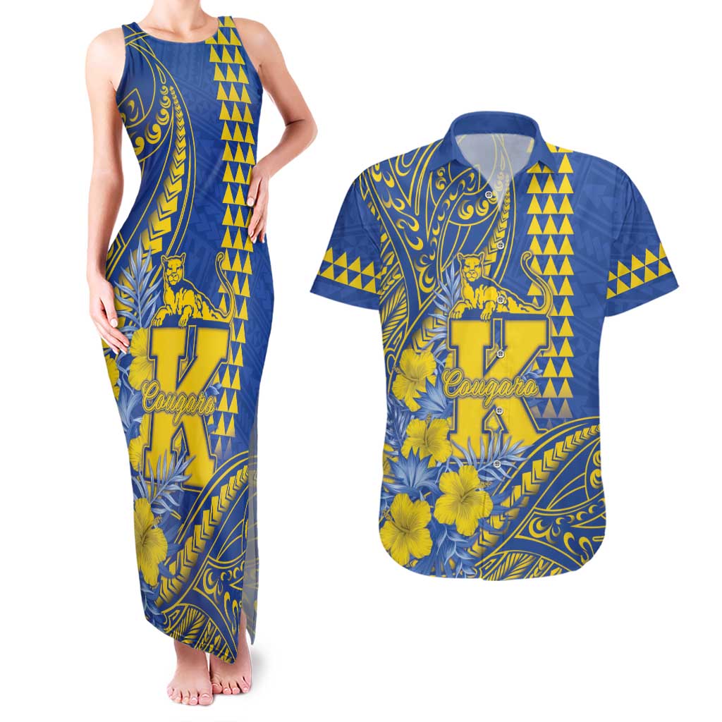 Personalised Hawaii Kaiser High School Couples Matching Tank Maxi Dress and Hawaiian Shirt Tribal Tattoo With Hibiscus Flowers LT05 Blue - Polynesian Pride