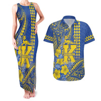 Personalised Hawaii Kaiser High School Couples Matching Tank Maxi Dress and Hawaiian Shirt Tribal Tattoo With Hibiscus Flowers LT05 Blue - Polynesian Pride