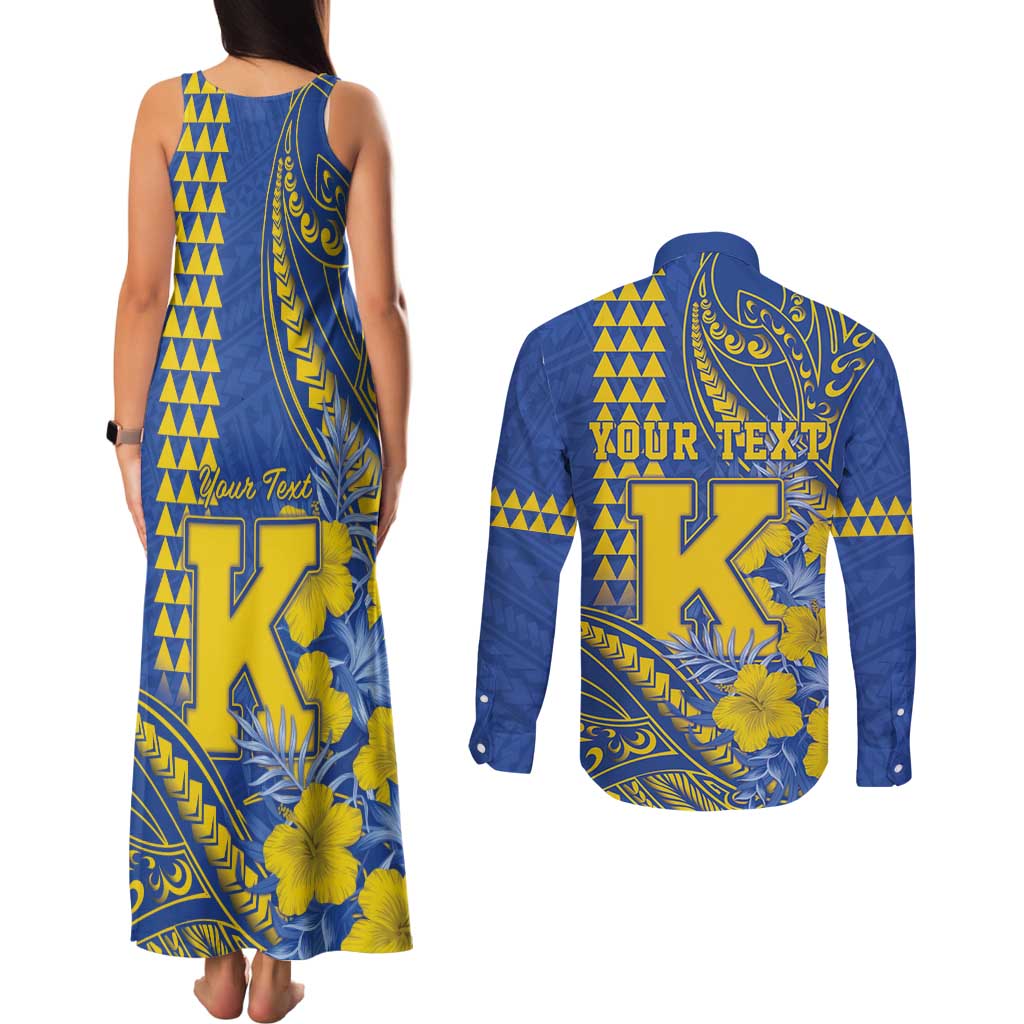 Personalised Hawaii Kaiser High School Couples Matching Tank Maxi Dress and Long Sleeve Button Shirt Tribal Tattoo With Hibiscus Flowers LT05 - Polynesian Pride