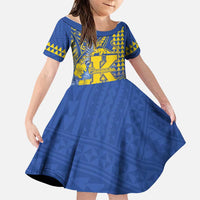 Personalised Hawaii Kaiser High School Family Matching Long Sleeve Bodycon Dress and Hawaiian Shirt Tribal Tattoo With Hibiscus Flowers LT05 Daughter's Dress Blue - Polynesian Pride