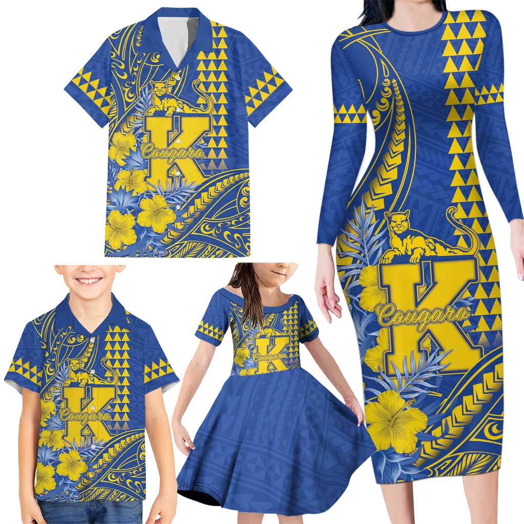 Personalised Hawaii Kaiser High School Family Matching Long Sleeve Bodycon Dress and Hawaiian Shirt Tribal Tattoo With Hibiscus Flowers LT05 - Polynesian Pride