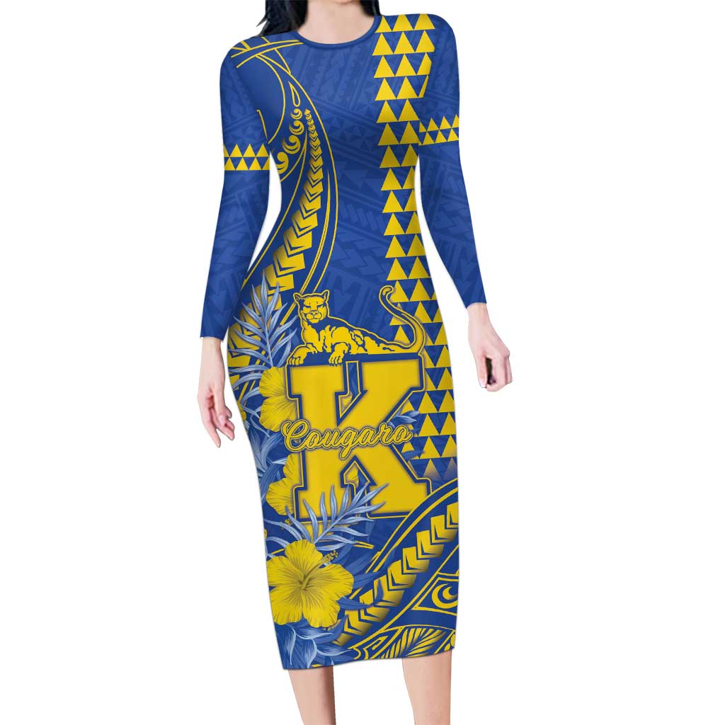 Personalised Hawaii Kaiser High School Family Matching Long Sleeve Bodycon Dress and Hawaiian Shirt Tribal Tattoo With Hibiscus Flowers LT05 Mom's Dress Blue - Polynesian Pride