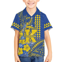 Personalised Hawaii Kaiser High School Family Matching Long Sleeve Bodycon Dress and Hawaiian Shirt Tribal Tattoo With Hibiscus Flowers LT05 Son's Shirt Blue - Polynesian Pride
