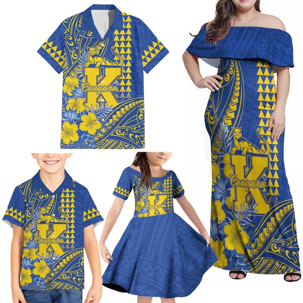 Personalised Hawaii Kaiser High School Family Matching Off Shoulder Maxi Dress and Hawaiian Shirt Tribal Tattoo With Hibiscus Flowers LT05 - Polynesian Pride