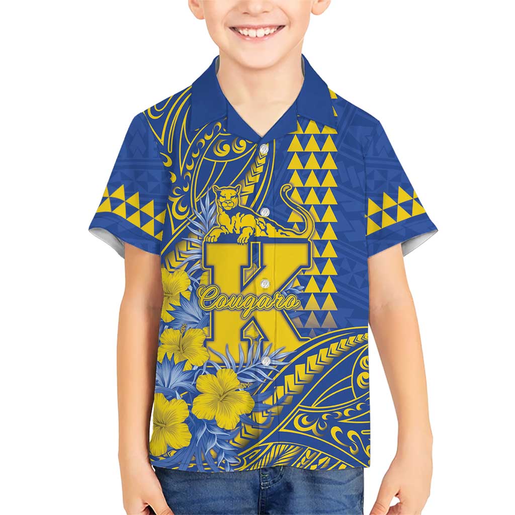 Personalised Hawaii Kaiser High School Family Matching Off Shoulder Maxi Dress and Hawaiian Shirt Tribal Tattoo With Hibiscus Flowers LT05 Son's Shirt Blue - Polynesian Pride