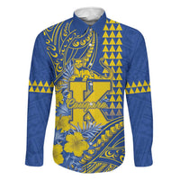 Personalised Hawaii Kaiser High School Family Matching Off Shoulder Short Dress and Hawaiian Shirt Tribal Tattoo With Hibiscus Flowers LT05 Dad's Shirt - Long Sleeve Blue - Polynesian Pride