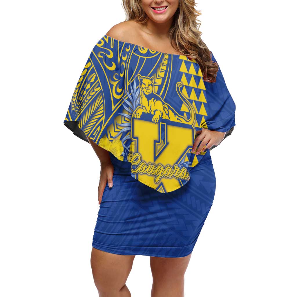 Personalised Hawaii Kaiser High School Family Matching Off Shoulder Short Dress and Hawaiian Shirt Tribal Tattoo With Hibiscus Flowers LT05 Mom's Dress Blue - Polynesian Pride