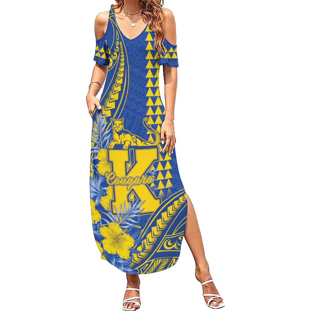 Personalised Hawaii Kaiser High School Family Matching Summer Maxi Dress and Hawaiian Shirt Tribal Tattoo With Hibiscus Flowers LT05 Mom's Dress Blue - Polynesian Pride