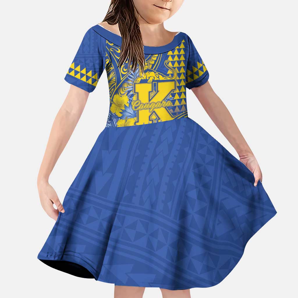 Personalised Hawaii Kaiser High School Family Matching Tank Maxi Dress and Hawaiian Shirt Tribal Tattoo With Hibiscus Flowers LT05 Daughter's Dress Blue - Polynesian Pride