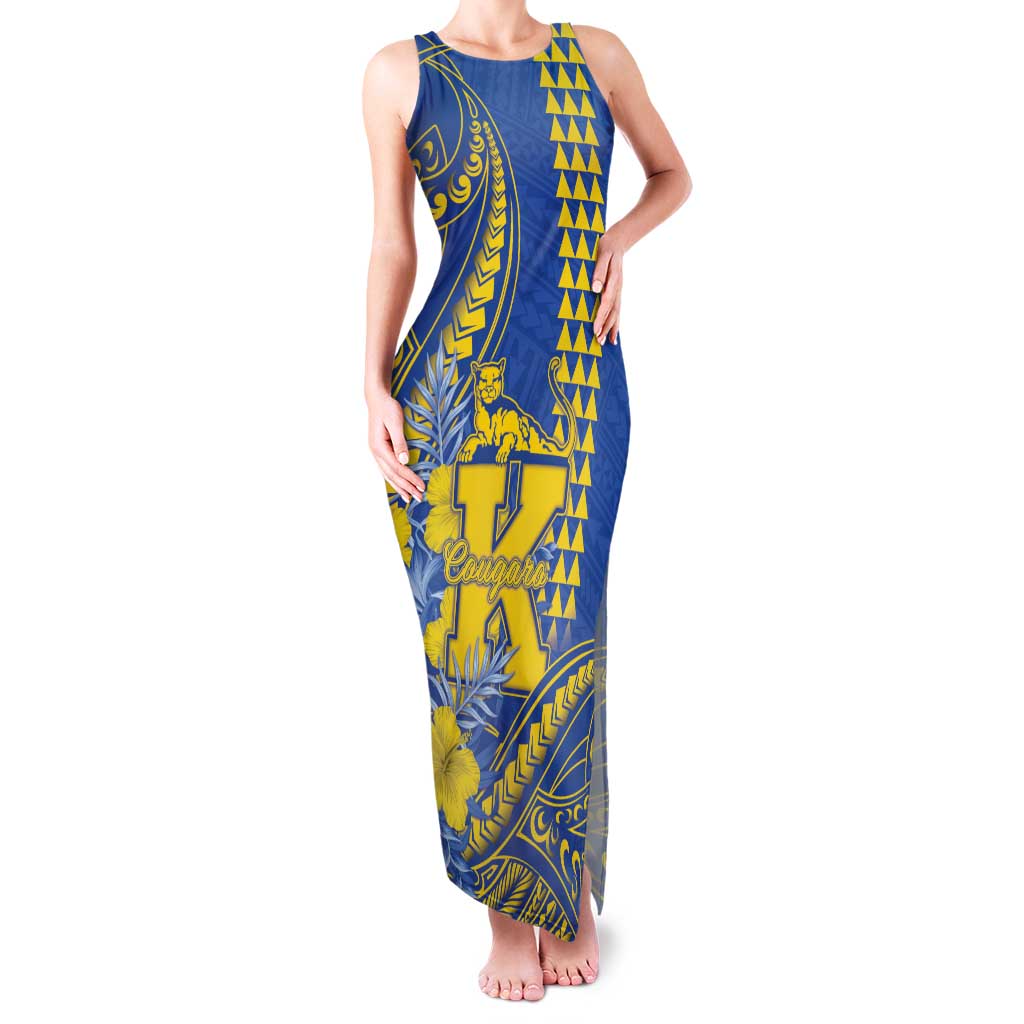 Personalised Hawaii Kaiser High School Family Matching Tank Maxi Dress and Hawaiian Shirt Tribal Tattoo With Hibiscus Flowers LT05 Mom's Dress Blue - Polynesian Pride