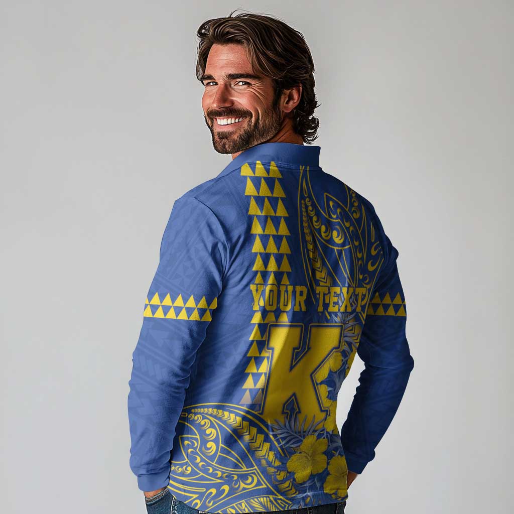 Personalised Hawaii Kaiser High School Long Sleeve Polo Shirt Tribal Tattoo With Hibiscus Flowers