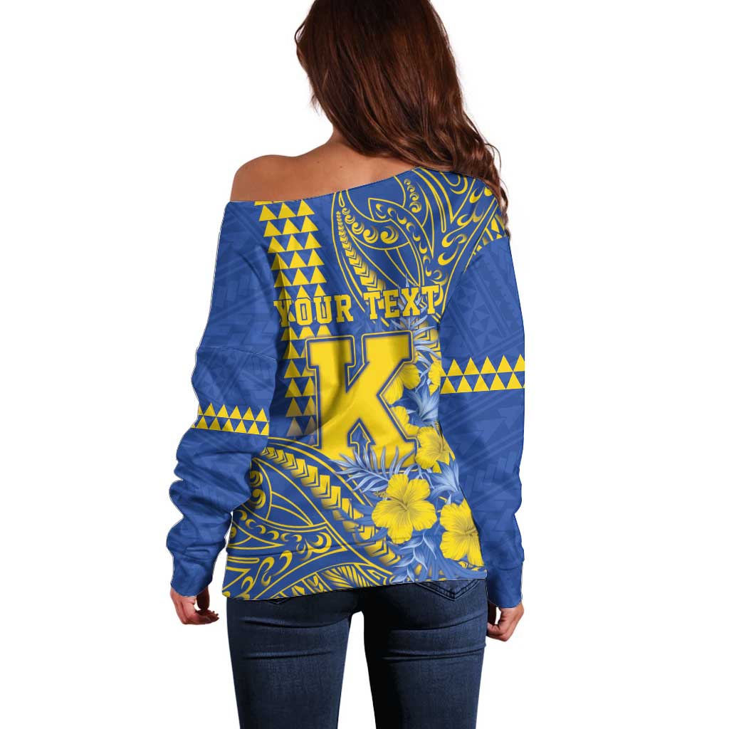 Personalised Hawaii Kaiser High School Off Shoulder Sweater Tribal Tattoo With Hibiscus Flowers