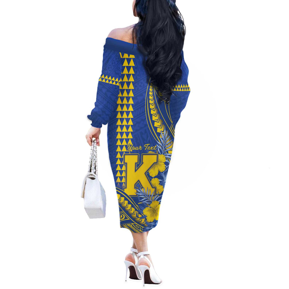 Personalised Hawaii Kaiser High School Off The Shoulder Long Sleeve Dress Tribal Tattoo With Hibiscus Flowers