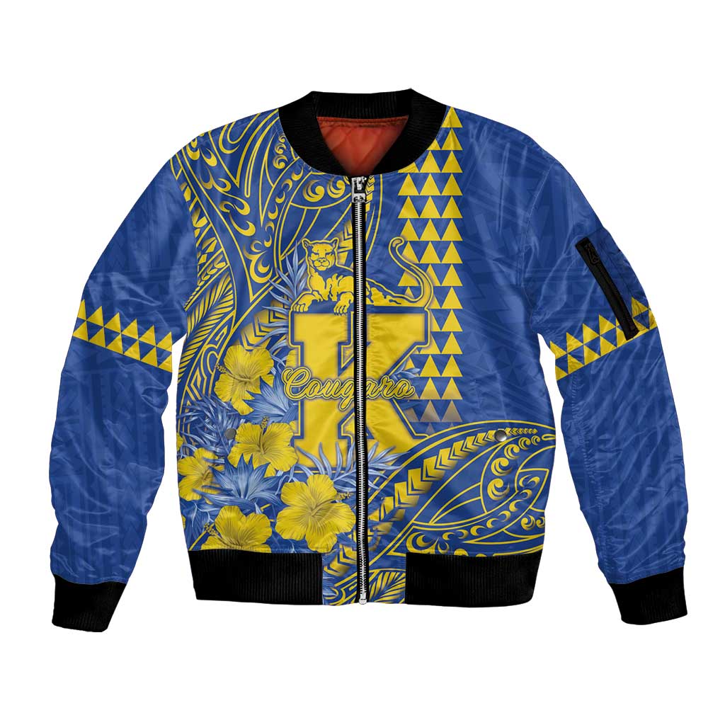 Personalised Hawaii Kaiser High School Sleeve Zip Bomber Jacket Tribal Tattoo With Hibiscus Flowers