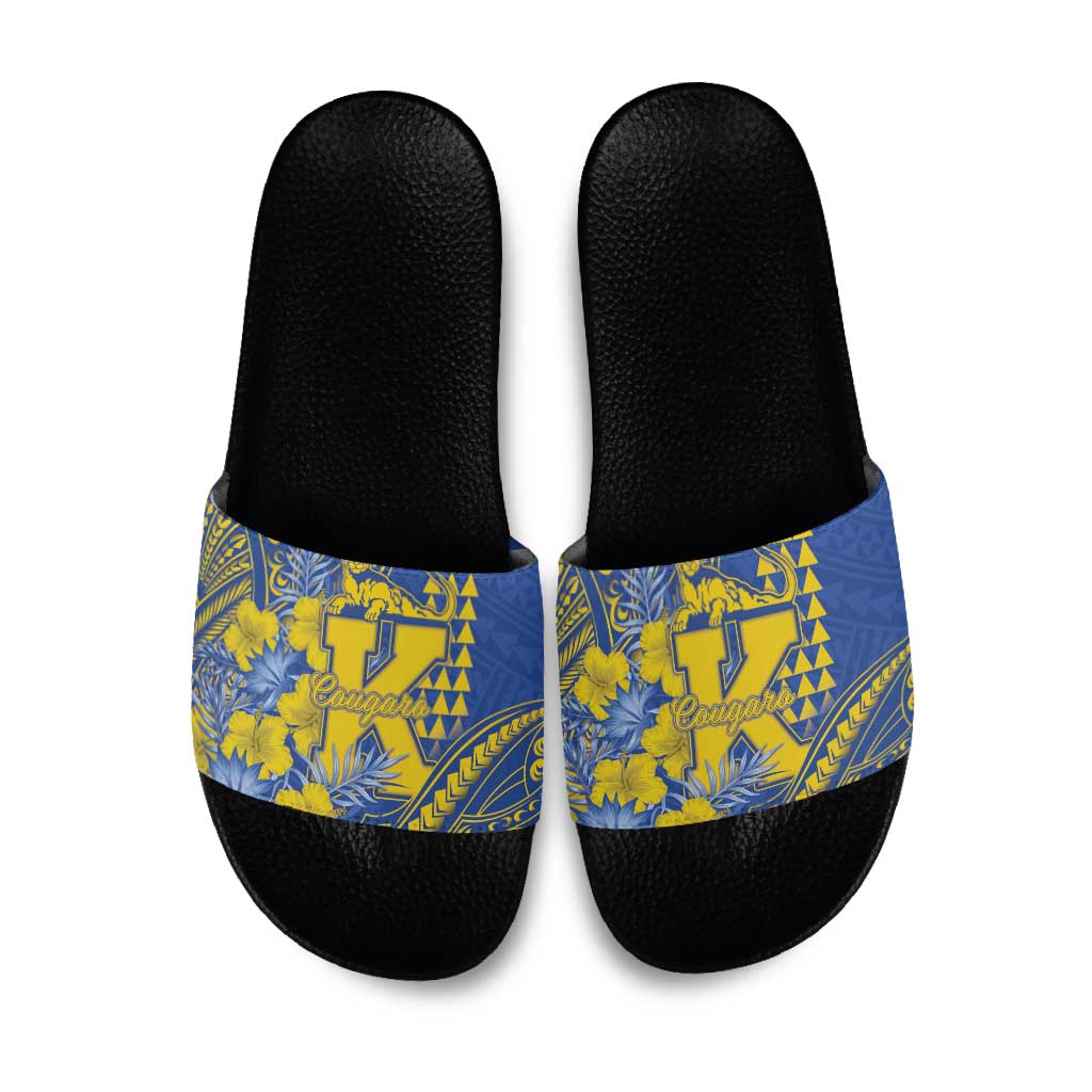 Hawaii Kaiser High School Slide Sandals Tribal Tattoo With Hibiscus Flowers LT05 Blue - Polynesian Pride