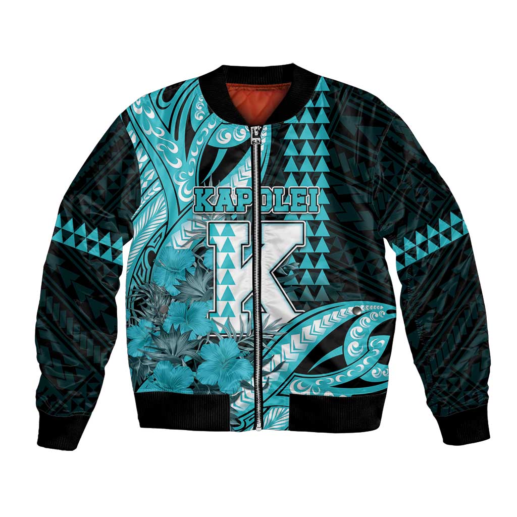 Personalised Hawaii Kapolei High School Bomber Jacket Tribal Tattoo With Hibiscus Flowers