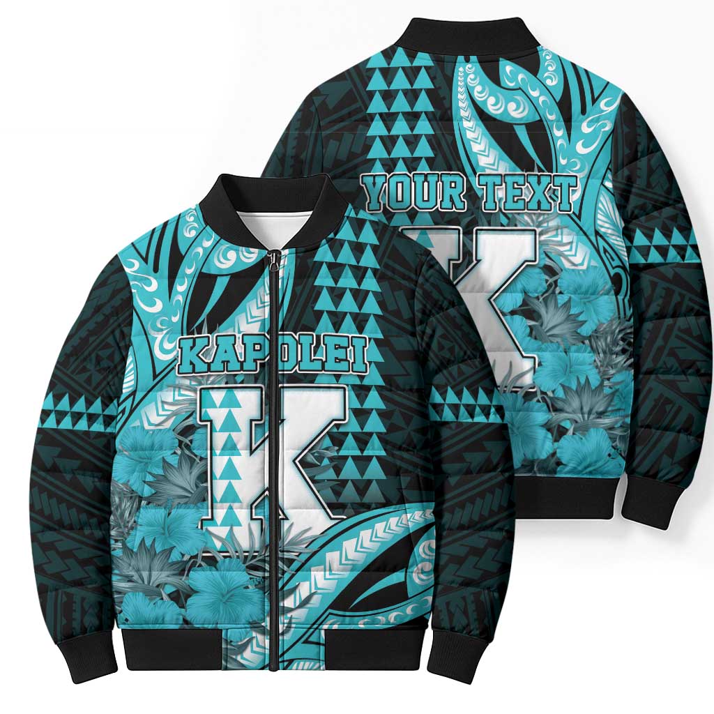 Personalised Hawaii Kapolei High School Bomber Puffer Jacket Tribal Tattoo With Hibiscus Flowers
