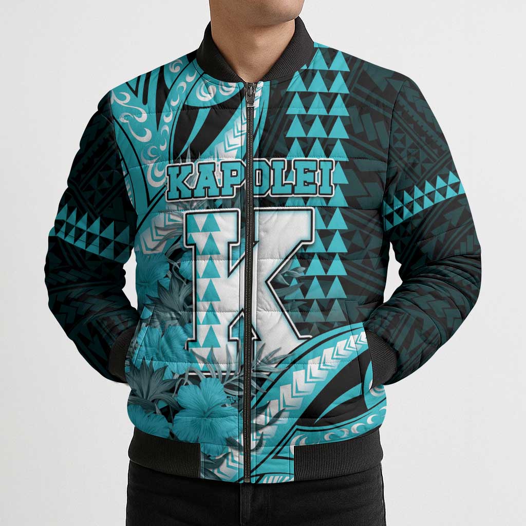 Personalised Hawaii Kapolei High School Bomber Puffer Jacket Tribal Tattoo With Hibiscus Flowers