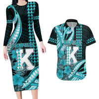 Personalised Hawaii Kapolei High School Couples Matching Long Sleeve Bodycon Dress and Hawaiian Shirt Tribal Tattoo With Hibiscus Flowers LT05 Dark Teal - Polynesian Pride