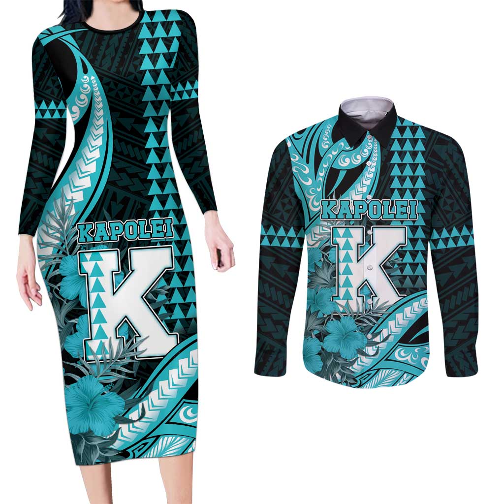 Personalised Hawaii Kapolei High School Couples Matching Long Sleeve Bodycon Dress and Long Sleeve Button Shirt Tribal Tattoo With Hibiscus Flowers LT05 Dark Teal - Polynesian Pride
