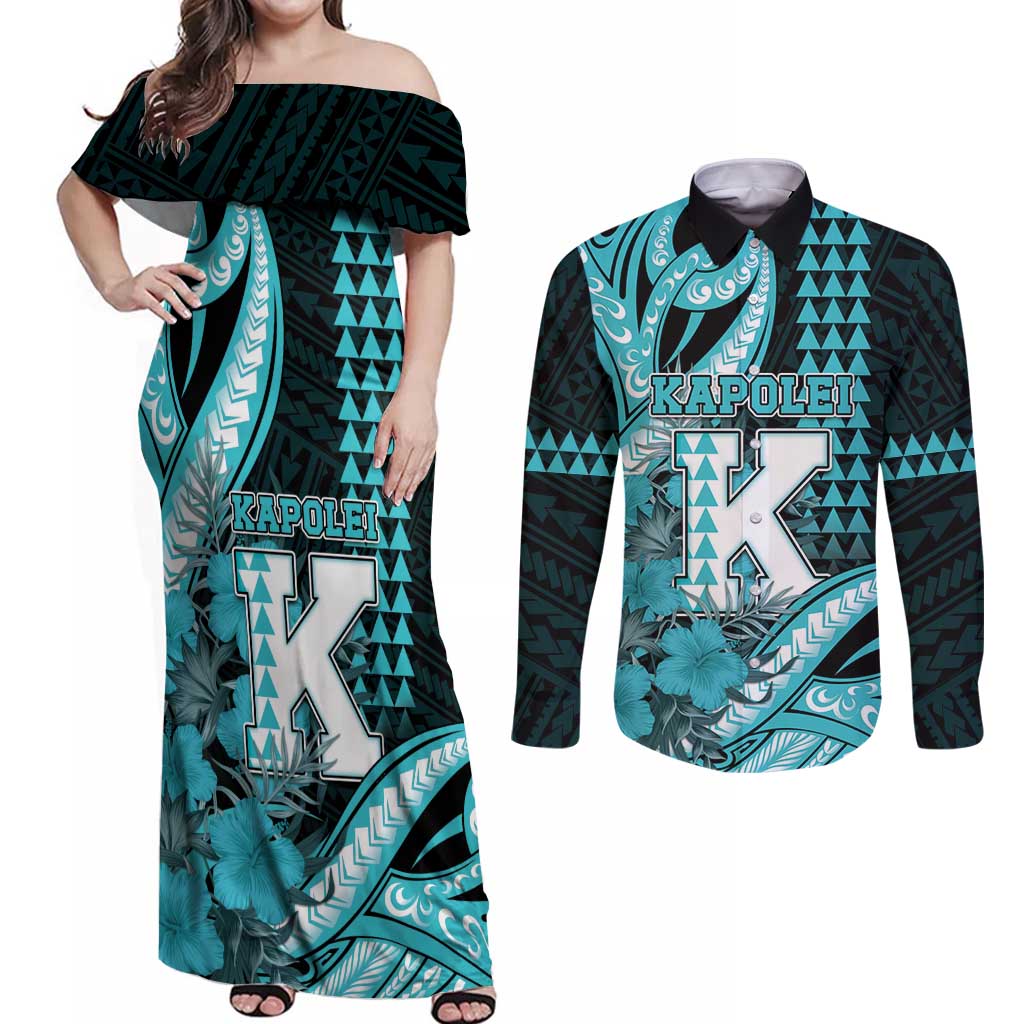 Personalised Hawaii Kapolei High School Couples Matching Off Shoulder Maxi Dress and Long Sleeve Button Shirt Tribal Tattoo With Hibiscus Flowers LT05 Dark Teal - Polynesian Pride