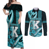 Personalised Hawaii Kapolei High School Couples Matching Off Shoulder Maxi Dress and Long Sleeve Button Shirt Tribal Tattoo With Hibiscus Flowers LT05 Dark Teal - Polynesian Pride