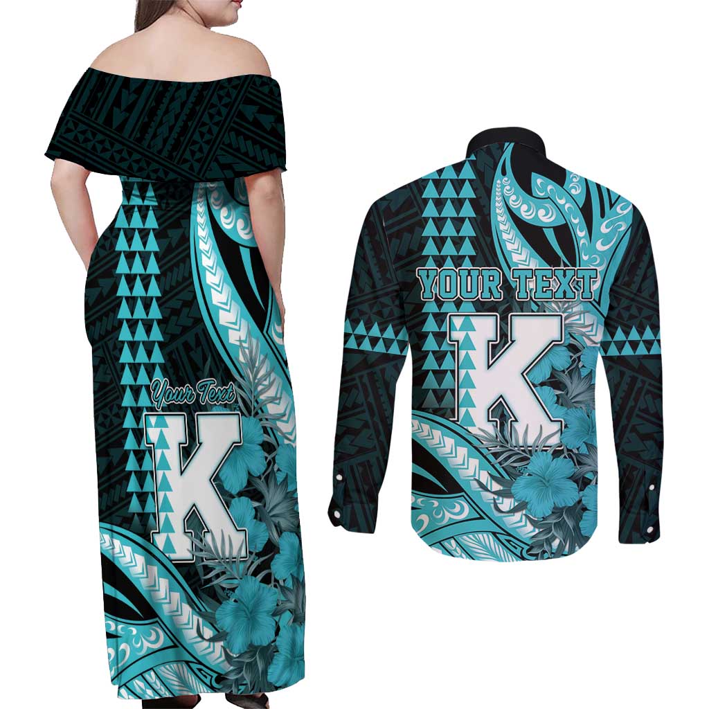 Personalised Hawaii Kapolei High School Couples Matching Off Shoulder Maxi Dress and Long Sleeve Button Shirt Tribal Tattoo With Hibiscus Flowers LT05 - Polynesian Pride