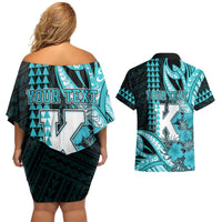 Personalised Hawaii Kapolei High School Couples Matching Off Shoulder Short Dress and Hawaiian Shirt Tribal Tattoo With Hibiscus Flowers LT05 - Polynesian Pride