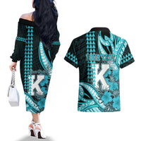 Personalised Hawaii Kapolei High School Couples Matching Off The Shoulder Long Sleeve Dress and Hawaiian Shirt Tribal Tattoo With Hibiscus Flowers LT05 - Polynesian Pride